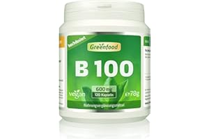 Greenfood B-Komplex 100, extra hochdosiert, 120 Kapseln– alle Vitamine der B-Gruppe. OHNE künstliche Zusätze. Ohne Gentechnik