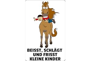 Schatzmix Blechschild Spruch Beisst schlägt und frisst kleine Kinder Pferd Warnschild Metallschild Wanddeko 20x30 tin Sign