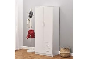 Panana Wooden 2 Door 2 Drawer Wardrobe with Shelf and Hanging Rail Modern Clothes Storage Cupboards Unit for Bedroom Furniture W 77 * D 50 * H 180cm (White)