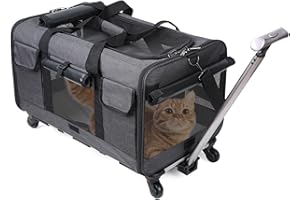 PETCUTE Trasportino per Gatti Cani con Ruote,Borsa da Viaggio Portatile per Animali Domestici con Manico Telescopico,Traspirante Pieghevole Trasportino per Cani con Cintura di Sicurezza Integrata