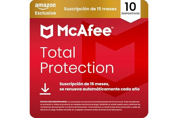 McAfee Total Protection para 10 Dispositivos 2026, 15 meses, Exclusivos de Amazon | Antivirus, VPN, software de seguridad | Suscripción con renovación automática | Descargar