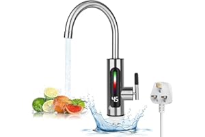 MERSYN Instant Hot Water Tap, 220V 3000W Electric Hot Water Heater Tap, Stainless Steel Electric Hot and Cold Mixer Water Taps with Digital Display for Kitchen Bathroom Washroom, UK Plug