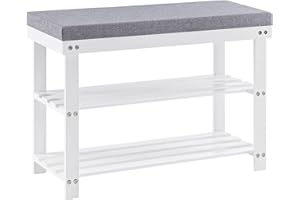 APICIZON Shoe Rack Bench with Cushion Padded Seat, 3-Tier Bamboo Shoe Organizer, Rustic Hallway Small Storage Shelf for Living Room, Bathroom, Entryway, White, 70 x 28 x 50 cm