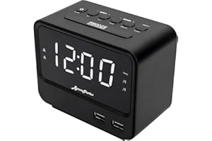 BYRONSTATICS Alarm Clock FM Radio, Bedside Digital Alarm Clock, Main Powered with Battery Backup, Radios Station Presets, USB Charging Port, Snooze, Sleep Timer, Big LED Screen Dimming Display