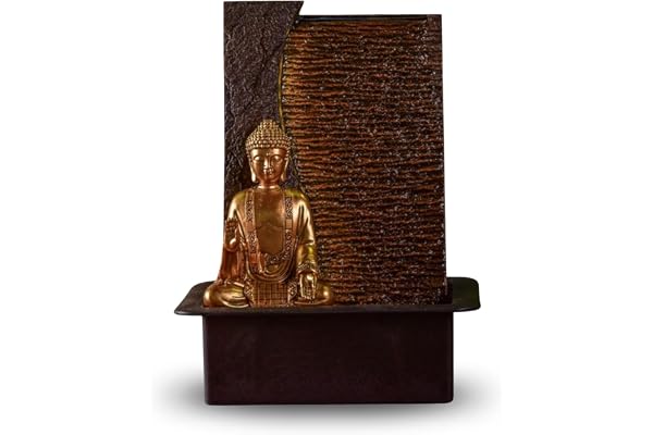Zen'Light - avtagbar Jati Buddha inomhusfontän med gult LED-huvudband - idealisk Zen inredning meditation och avkoppling - tyst vattenpump - stängd kretsfontän - H 40 cm