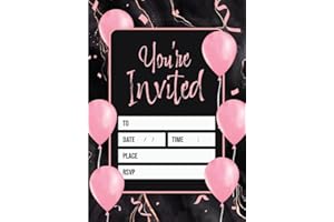 Kirsten McMillan 32 Black & Pink Balloon Birthday Invitations - A6 Birthday Party Invitations Cards for Adults with Envelopes – Invites Designed and Printed in the UK