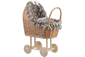 e-wicker24 Alles aus Weide Passeggino per bambole in vimini con biancheria da letto, idea regalo perfetta Passeggino per bambole, giocattoli per ragazze