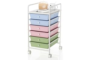 Johgee 6 Drawers Plastic Storage Cart, Multipurpose Mobile Organizer Shelving Unit with Lockable Wheels,Utility Rolling Cart Storage Trolley for Home Office Stationery Makeup Beauty & Salon,Multicolor