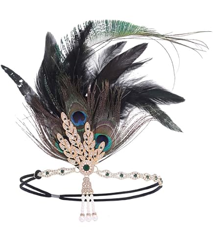 BABEYOND Fascia Charleston Anni 20 con Piume di Pavone, Fascia Capelli Donna Anni 20, Accessori Anni 20 Donna Gatsby(Pavone