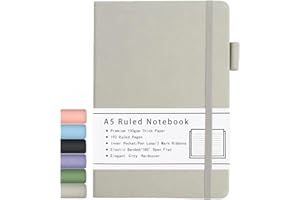 BEINUSHOR Carnet A5, Journal Ligné à Couverture Rigide avec Papier épais Premium 100 GSM, Poche Intérieure, Boucle pour Stylo, Bande élastique, Couverture en Similicuir, 192 Pages, 14,5 x 21,3 cm (Gris)