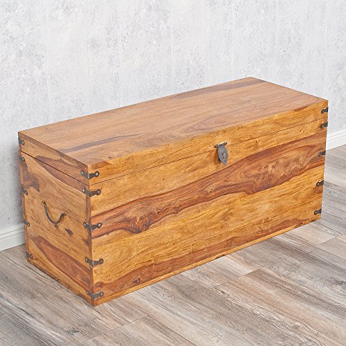 Massivholz Truhe TARUN 102cm Stone Akazie Holztruhe Holzkiste Couchtisch