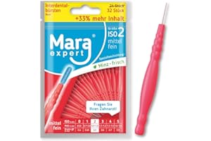 Mara Expert - Spazzole interdentali Basic, 0,5 mm, ISO 2 medio fini, 33% in più di contenuto, con gusto menta, colore rosso