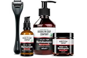 ‎BROOKLYN SOAP COMPANY Brooklyn Soap Company Activator Beard Bundle Pro - Bartwuchs-Set mit Bartshampoo, Bartserum, Bartroller & 60 Bartkapseln für einen dichteren Bart & Bartwachstum