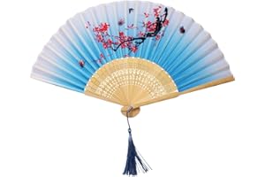 hzzycer Folding Hand Fans, Handheld Folding Fan Chinese Fan for Men and Women Bamboo Folding Fans for Wedding, Party Favor, Cosplay, Dance, Wall Decorations, Festival, Gift (Blue-plum bossom)