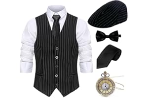 Gionforsy 20er Jahre Herren Weste Kostüm Zubehör Set mit Hut Weste Fliege Krawatte Taschenuhr Gangster Accessoires Set für Great Gatsby Party Halloween Karneval Fasching Mottoshow