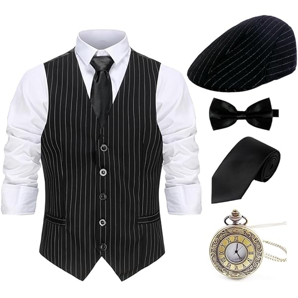 Blulu Jaren 20 kostuum voor heren, accessoireset uit de jaren 20, herenkostuum, gangsterkostuum, accessoires, vest, krantenjongenshoed, zakhorloge, stropdas (Large