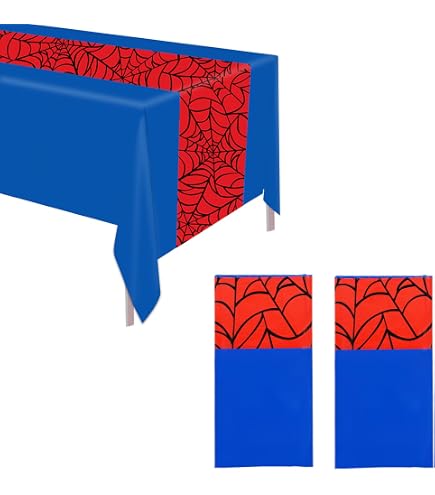 Lot De 3 Nappes En Plastique Motif Toile D'araignée - 274x137cm - Bleu Et Rouge - Pour Fête Anniversaire, Halloween
