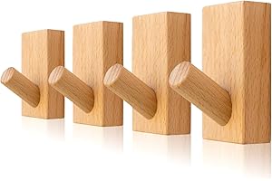 WAAYANG 4 Packs Wooden Coat Hooks, Wall Mounted Adhesive Wooden Hooks, Wooden Peg Hooks, Entryway Hat Clothes Key Handbag Organizer Rack Decorative Hooks