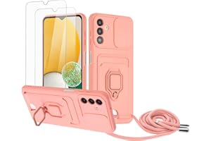 Zallagre Handykette Hülle kompatibel mit Samsung Galaxy A14 5G.[2 Stück] Schutzfolie Glas,Kameraschutz,360 Grad Ringhalter Stand,Kartenfach,Silikon hülle-Rosa