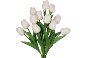huaao 12pcs Bouquet di tulipani Artificiali in Lattice Fiore Finto di tulipani Tocco Reale Decorazione Festa Matrimonio Party Room, Bianco