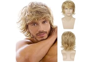 Qnbiar Blond Perücke für Herren kurze flauschige geschichtete blonde Perücke natürliche synthetische Halloween Cosplay Haarperücke für Männer