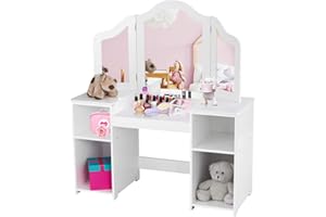 GYMAX Kids Dressing Table and Chair Set, 2 in 1 Children Vanity Table with Tri-Folding Mirror and Storage Shelf, Wooden Girls Make-up Dresser for Bedroom (White, Without Chair)