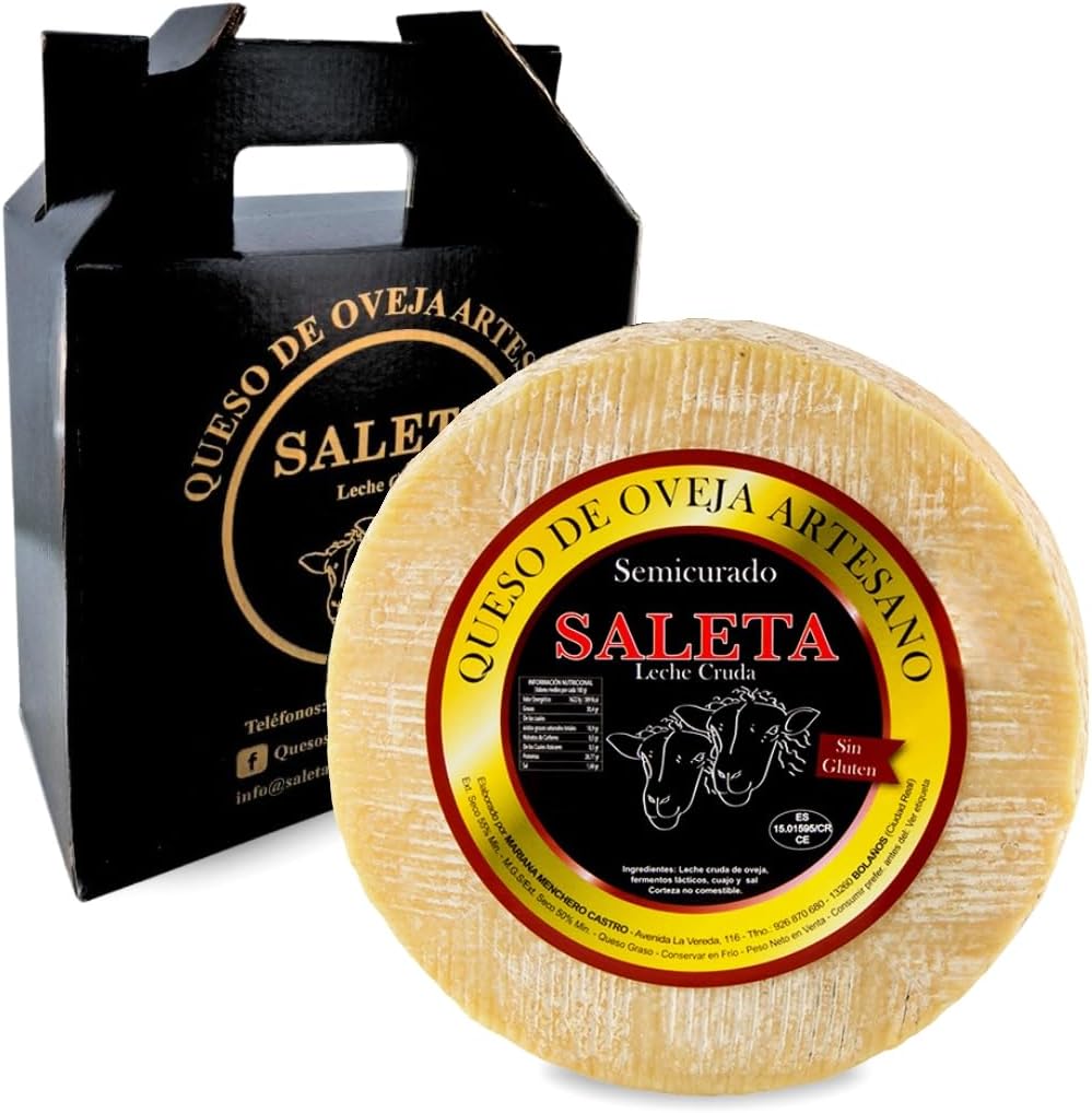 SALETA® Queso Semicurado Entero de oveja Gourmet (1,3 Kg) | Elaboracion Artesana Quesos de La Mancha | Quesos de leche de oveja | Caja Gourmet para regalar | Queso Gourmet Regalo