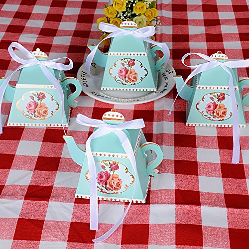 50 Stk Mini Pappe Teekanne Gastgeschenk Box inkl. Seidenbänder Geschenkbox für Hochzeit, Taufe usw. Pralinenschachtel süßigkeiten Bonboniere (Hellgrün) - 5