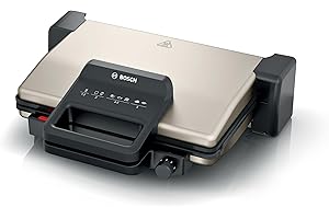 Bosch Bistecchiera TCG3302, 3 Posizioni di Cottura, 5 Livelli di temperatura, 2000W, Piastre Grill in Alluminio Rimovibili e Lavabili in Lavastoviglie, Rivestimento Ceramico Antiaderente, Argento