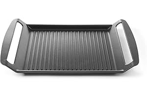 HENDI Plancha acanalada de asar y freír, bandeja parilla asador grill, con fondo de inducción, sartén parilla con asas y recubrimiento antiadherente, 390x260x(H) 35mm, aluminio fundido