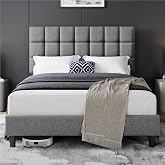 Yaheetech Upholstered Bed Frame Adjustable Headboard 140 x 200 cm Light Grey