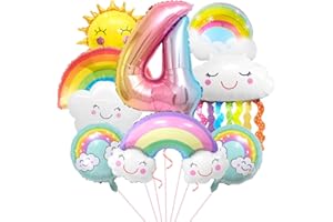 AURASKY Decorazioni Arcobaleno 4 Anni, Palloncini Sole e Nuvole, Numero 4 Grande, Nappa Arcobaleno, Addobbi per Tema Colorato Compleanno Bambini Festa