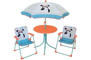 FUN HOUSE 713095 INDIAN PANDA Salon de Jardin avec 1 Table, 2 Chaises pliantes et 1 Parasol pour Enfant