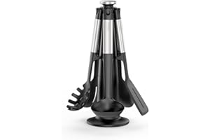 Joseph Joseph Elevate Set di 5 Utensili Cucina, Accessori in Silicone, Mestoli, Cucchiai, Spatola, senza BPA, Antiaderenti, Resistenti al Calore, Manici in Acciaio Inox, con Portautensili Girevole
