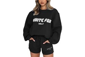JSijepa Womens Oversized Sweatsuits White-Fox Letter Print Sweatshirt Shorts for Ladies Uk Teens Casual Baggy Graphic Pullovers Sweatpants Jogger Sets Plus Size Workout Top Bottom Sets Loungewear