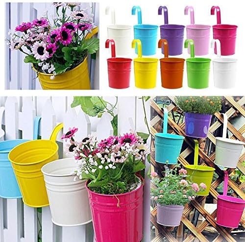 Interestiny Bright Color Metal Iron Flower Pots Hanging Balcony Garden Planter Home Decor Fencce Wall Hanging (4)