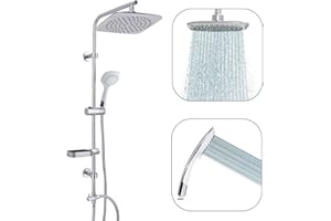 AQUALONA Aquacapri Shower Column, Shower Kit – Square Rainfall Shower Head + 5 Spray Handset – Easy Installation, No Drilling – Chrome, 92 x 15 x 16 cm