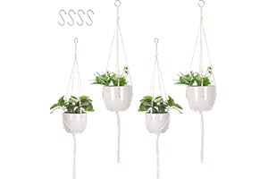 MUYAPAY 4er Set Makramee Blumenampel,Hängeampel,Boho Deko Baumwollseil Hängeampel Blumentopf Pflanzen Halter Aufhänger mit 4 pcs Metallhaken für Innen, Garten, Wohnzimmer,Außen(2 Größen)