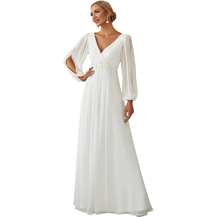 Robe Longue De Soirée Femme - Manches Courtes, Col V, Taille Empire - Pour Mariage, Cocktail