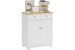 HOMCOM Kitchen Floor Cabinet Side Storage Cupboard Multi-use Sideboard Table with Solid Wood Top, Adjustable Shelf,Drawer for Dining Room, Living Room,Hallway