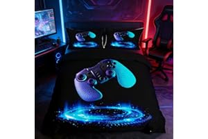 Loussiesd Set di biancheria da letto per bambini e ragazzi, per videogiochi, per ragazzi, ragazzi, adulti, geometrici, per controller di gioco, copriletto, collezione 2 pezzi, singolo, nero, blu