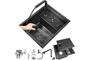 Coubird Petit évier de cuisine noir invisible, adapté pour bar de cuisine de véhicule récréatif, robinet pliable intégré, évier de camping-car à cuve unique en acier inoxydable (noir/B)