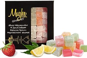 Mughe Gourmet Loukoums Boîte élégante de bonbons délice turcs - 370g-40pc - Halal, vegan - Saveurs de fruits : rose, fraise, citron, orange, menthe - Cadeaux pour occasions spéciales, fête des pères