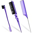 Sularpek 3 Pcs Slick Brush Set, Hair Brush Comb Set, Rat Tail Comb, Double Sided Edge Brush, Plastic Bristle Hair Brush Teasing Comb Edge Hair Brush, for Hairdresser Women Baby Children (Purple)