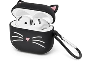 Mouzor for AirPods 4 Case, Cute Black Whisker Cat AirPods 4th Generation (2024) Case Funny 3D Cartoon Animal Shockproof Soft Silicone Charging Case Cover with Carabiner for Kids Girls Women