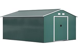 Outsunny Casetta da Giardino 12.4m² con Fondazione, 4 Prese d'Aria e 2 Porte Scorrevoli, Capanno Porta Attrezzi in Lamiera d'Acciaio, 340x386x200 cm, Verde Scuro