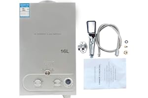 Cozyel Tragbarer Gas Durchlauferhitzer 16L 32KW Propangas Campingdusche für Dusche im Außenbereich Dusche Bad Warmwasser Camping Dusche LPG Warmwasserbereiter Tankless Instant,Silber