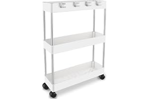 Zosenyer Carrito Auxiliar con Ruedas, Organizador Baño, Carrito Baño, Carrito Cocina con Ruedas, 3 Estantes, Plastico y Acero Inoxidable, Blanco