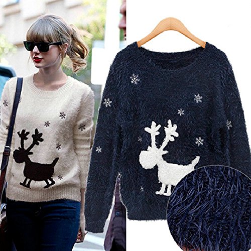 YQ25 2015 Autumn And Winter Fashion Women Wool sweater Cartoon Elk Bottoming sweate (M, BLUE)