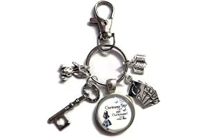 Curiouse & curiouser said Alice 20mm glass cabochon bag clip keyring WONDERLAND themed gift, Alice rabbit key book lover nove